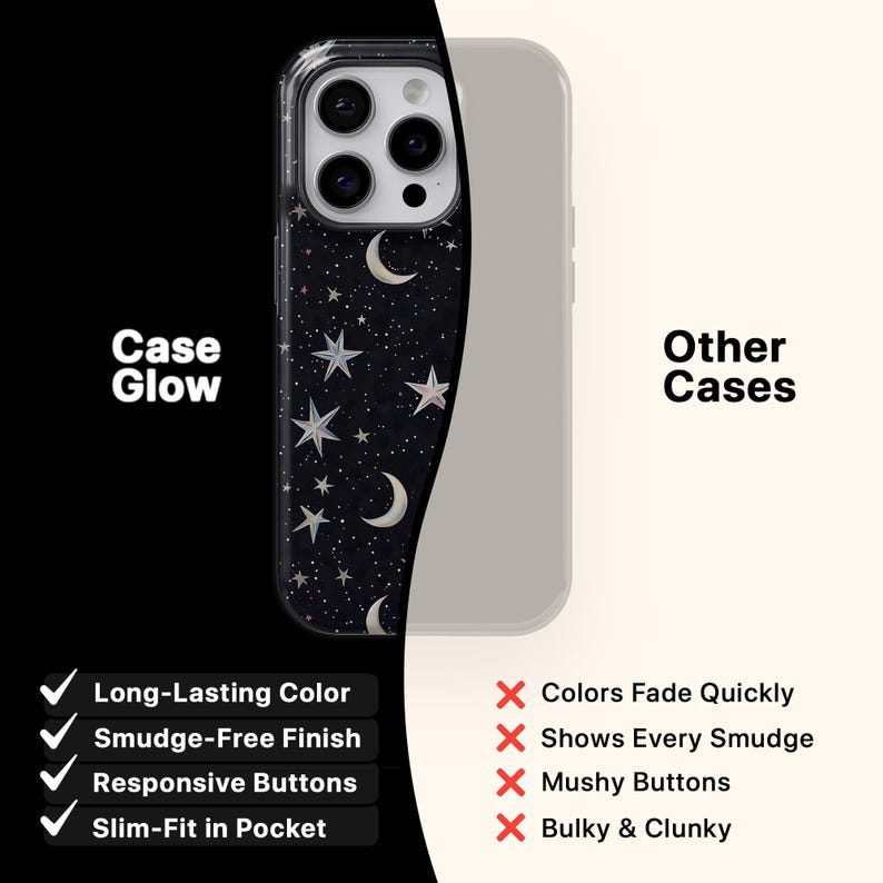 May include: A black phone case with a starry night design featuring crescent moons and stars. The text "Case Glow" is on the left, and "Other Cases" is on the right. The case is shown next to a plain phone case.