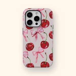 Coquette Phone Case Cherry With Ribbon Pink Bow Phone Case Coquette Cute Girly Gift for Her Pink Aesthetic Coquette Fruit Phone Case Kawaii