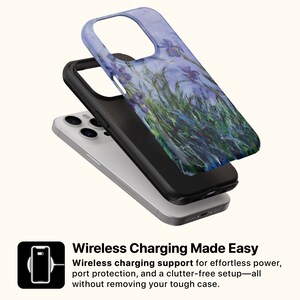 Może przedstawiać: Czarne etui na telefon z kwiatowym wzorem. Etui jest pokazane z telefonem w środku i bezprzewodową ładowarką. Pod obrazkiem widnieje tekst "Wireless Charging Made Easy". Bezprzewodowe ładowanie zapewniające łatwe zasilanie, ochronę port&oacute;w i uporządkowaną konfigurację - wszystko bez zdejmowania wytrzymałego etui.
