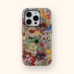 Coque de téléphone vintage collage style preppy maximaliste bohème chic, coque de téléphone kitsch collage art abstrait cadeau pour les amoureux de la coquette