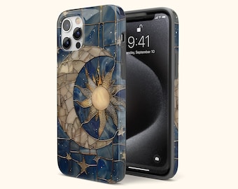 Celestial Stained Glass Phone Case Moon and Stars Tarot Design Starry Night Mosaic Galaxy Lunar Astronomy Ethereal Night Sky Cosmic Colorful