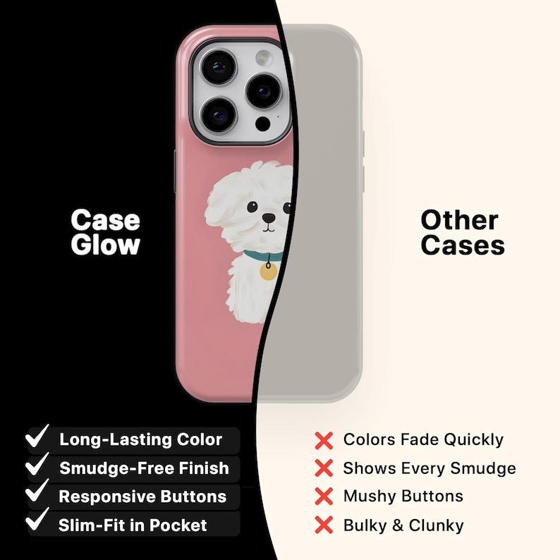 K&ouml;nnte beinhalten: Rosa Handyh&uuml;lle mit einer Illustration eines wei&szlig;en Hundes, blauem Halsband und goldenem Anh&auml;nger. Der Text "Case Glow" ist sichtbar. Die H&uuml;lle wird neben einer grauen H&uuml;lle gezeigt. Merkmale sind langlebige Farbe und schmutzfreie Oberfl&auml;che.