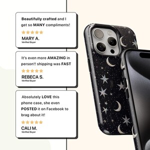 May include: Black phone case with a celestial design featuring white crescent moons, stars, and pink accents. The case is shown with a phone inside. Text on the image includes customer reviews.