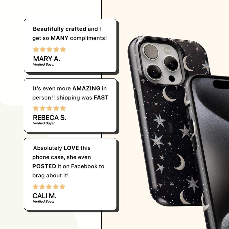 May include: Black phone case with a celestial design featuring white crescent moons, stars, and pink accents. The case is shown with a phone inside. Text on the image includes customer reviews.