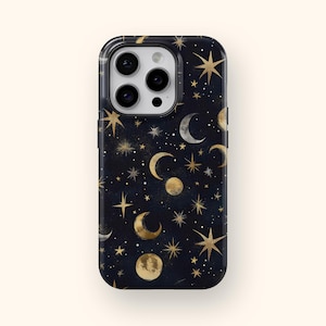 Celestial Moon and Stars Phone Case Gold Aesthetic Astrology Night Sky Cover for iPhone 16 15 14 13 12 Samsung Galaxy S24 S23 S22 S21 Gift