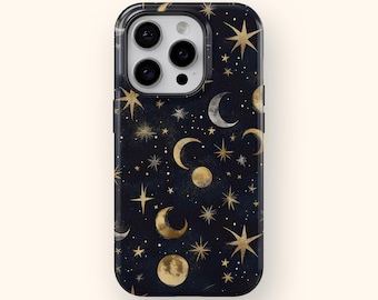 Celestial Moon and Stars Phone Case Gold Aesthetic Astrology Night Sky Cover for iPhone 17 16 15 14 13 12 Samsung Galaxy S25 24 S23 S22 S21
