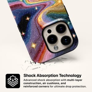 May include: A phone case with a colorful, swirling galaxy design. The case features a camera cutout and the text "Shock Absorption Technology". The case has reinforced corners for drop protection.