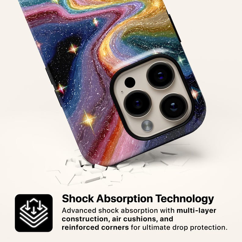 May include: A phone case with a colorful, swirling galaxy design. The case features a camera cutout and the text "Shock Absorption Technology". The case has reinforced corners for drop protection.