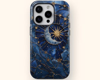 Stain Glass Phone Case Blue Celestial Moon Star Phone Case Mosaic Cosmic Night Sky Phone Cover Galaxy Astrology Spiritual Occult Witchy Case