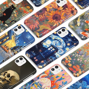 May include: A collection of phone cases with various designs. The cases feature images of sunflowers, a black cat, koi fish, a skull, a cat, and a blue police box against a starry night sky. The cases are glossy and have a modern design.