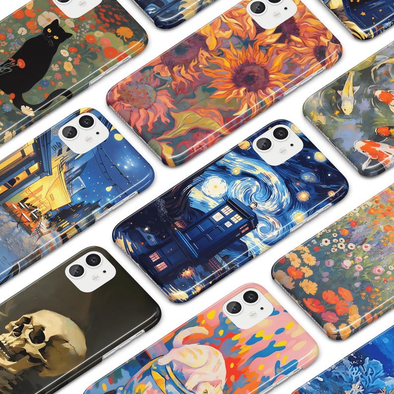 May include: A collection of phone cases with various designs. The cases feature images of sunflowers, a black cat, koi fish, a skull, a cat, and a blue police box against a starry night sky. The cases are glossy and have a modern design.
