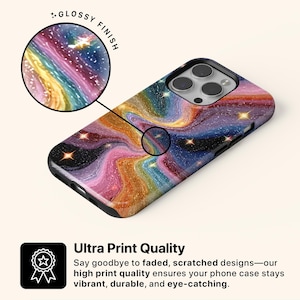 May include: A phone case with a glossy finish, featuring a vibrant, swirling design in shades of pink, yellow, blue, and purple, with embedded stars. The text "Ultra Print Quality" is displayed below the phone case.