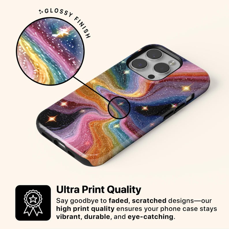 May include: A phone case with a glossy finish, featuring a vibrant, swirling design in shades of pink, yellow, blue, and purple, with embedded stars. The text "Ultra Print Quality" is displayed below the phone case.