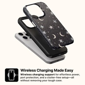 May include: A black phone case with a celestial design featuring white stars and crescent moons. The case is layered over a black case and a silver phone. The text "Wireless Charging Made Easy" is displayed below the phone.