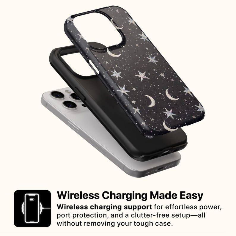 May include: A black phone case with a celestial design featuring white stars and crescent moons. The case is layered over a black case and a silver phone. The text "Wireless Charging Made Easy" is displayed below the phone.