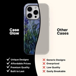 Może przedstawiać: Por&oacute;wnanie dw&oacute;ch etui na telefon. Etui po lewej stronie ma unikalny wz&oacute;r z obrazem kwiat&oacute;w. Etui po prawej stronie jest proste, generyczne. Tekst "Case Glow" znajduje się po lewej stronie, a "Other Cases" po prawej. Tekst pod etui wymienia zalety i wady każdego etui.