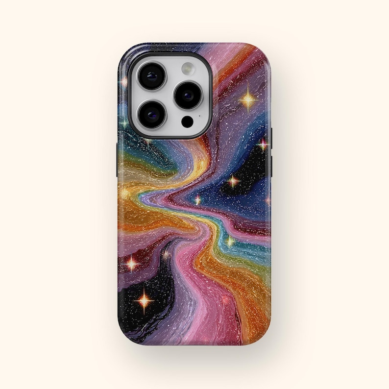 May include: A phone case with a colorful, swirling design resembling a galaxy. The case features a vibrant mix of colors, including pink, orange, yellow, blue, and purple, with sparkling star accents. The case has a glossy finish and a black camera module.