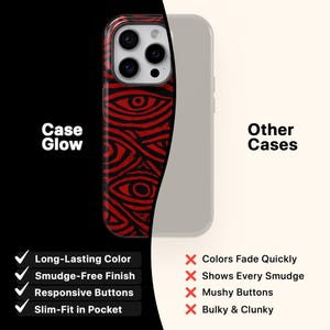 Puede incluir: Funda de tel&eacute;fono inteligente con un dise&ntilde;o de ojos rojos y negros, mostrada junto a una funda transparente. El texto "Case Glow" es visible, junto con caracter&iacute;sticas como "Color duradero" y "Ajuste delgado en el bolsillo".