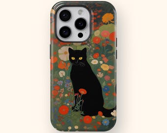Black Cat Phone Case for iPhone 17 16 15 14 13 12 11 and Samsung Galaxy S25 S24 S23 S22 S21 Gustav Klimt Floral Art Design