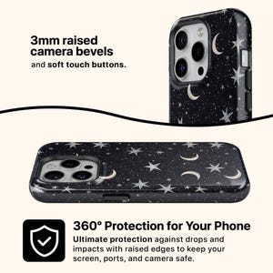 May include: Black phone case with a celestial design featuring white stars and crescent moons. The case has 3mm raised camera bezels and soft touch buttons. The text reads "360&deg; Protection for Your Phone".