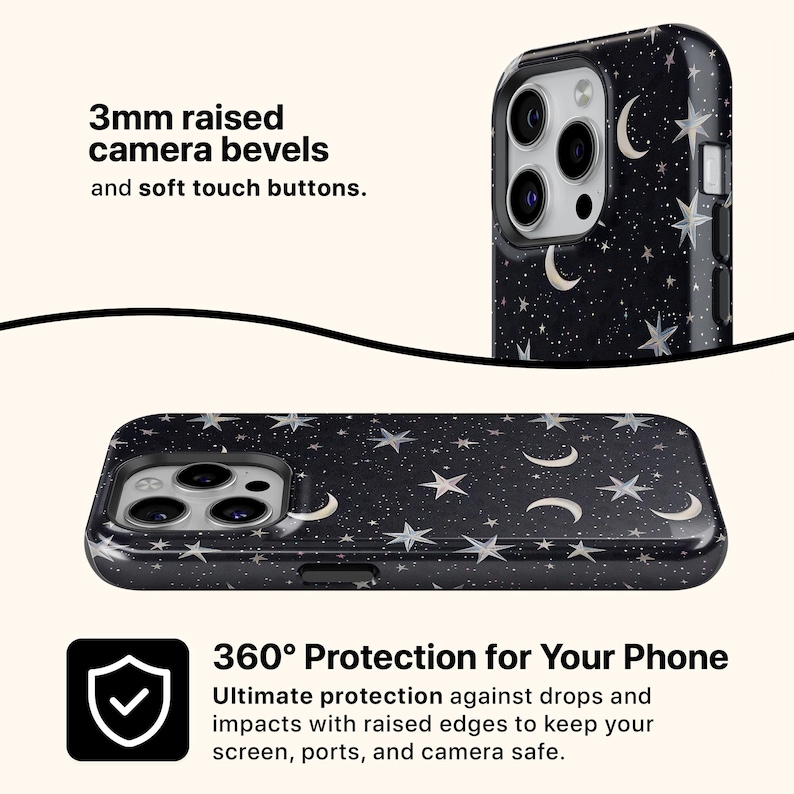 May include: Black phone case with a celestial design featuring white stars and crescent moons. The case has 3mm raised camera bezels and soft touch buttons. The text reads "360&deg; Protection for Your Phone".
