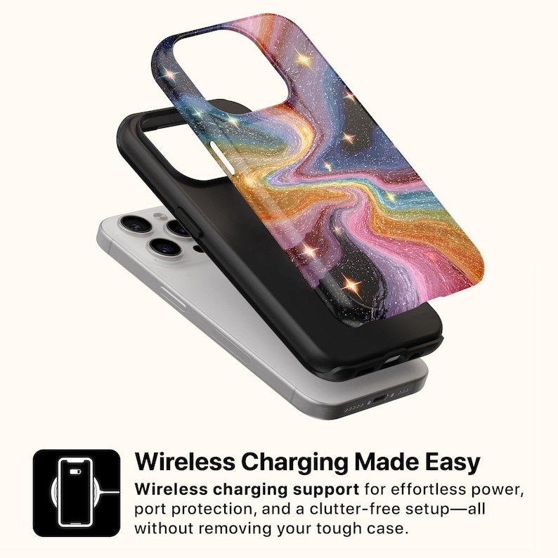 May include: A smartphone with a black case and a colorful, swirling galaxy design. The case is layered over a black phone case and a silver phone. The text "Wireless Charging Made Easy" is displayed.