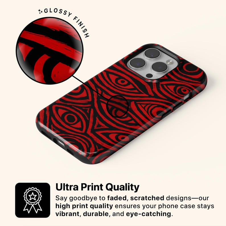 Puede incluir: Funda de tel&eacute;fono negra y roja con un dise&ntilde;o de ojos repetido. La funda tiene un acabado brillante. El texto "Ultra Print Quality" es visible. La funda est&aacute; dise&ntilde;ada para ser vibrante, duradera y llamativa.