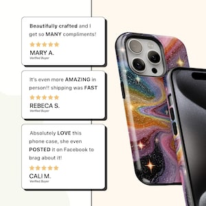 May include: A phone case with a colorful, swirling galaxy design in shades of purple, orange, and gold. The case has a glossy finish and features a camera cutout. The image also includes customer reviews.