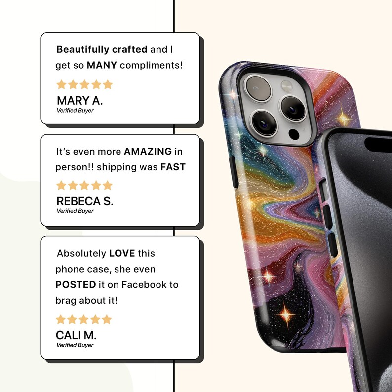 May include: A phone case with a colorful, swirling galaxy design in shades of purple, orange, and gold. The case has a glossy finish and features a camera cutout. The image also includes customer reviews.