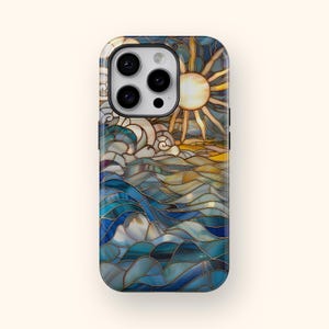 May include: A phone case with a stained glass design of a sun setting over the ocean. The case is blue, green, and gold.