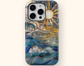 Stained Glass Sun & Waves Phone Case, Celestial Mosaic Design