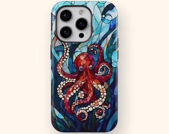 Oktopus Stained Glass Phone Case iPhone 16 15 14 13 12 11 und Samsung Galaxy S25 S24 S23 S22 S21 Nautische Geschenk
