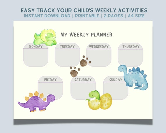 Dinosaur A4 Weekly Planner, Kids Weekly Planner, Kids Schedule, Dinosaur Weekly Planner, Kids Weekly Calender, Printable Dinosaur Digital