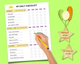 Kids Daily Checklist, Chore Chart for Kids Printable, Digital Chore Chart, Daily Checklist Planner, Printable Daily Checklist for Kids