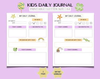 May include: Printable kids daily journal with two pages. The journal has a light pink background with a yellow star, rainbow, candy, and shamrock illustrations. The journal has sections for name, date, what they learned, what they are grateful for, what made them happy today, and a space for drawing.