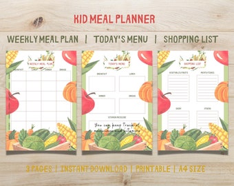 Kids Weekly Meal Planner, Kid Today's Menu, Weekly Shopping List, Baby Food Tracker, Printable Meal Planner, Baby Food Tracker Journal