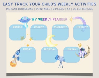 May include: A printable weekly planner with a space theme. The planner has seven boxes for each day of the week, with illustrations of a rocket, a telescope, a moon, a shooting star, and an astronaut. The text "MY WEEKLY PLANNER" is at the top of the planner.
