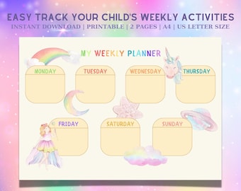 May include: A printable weekly planner with a rainbow, unicorn, fairy, moon, flower, and planet illustrations. The planner has spaces for each day of the week: Monday, Tuesday, Wednesday, Thursday, Friday, Saturday, and Sunday. The text "MY WEEKLY PLANNER" is at the top of the page.