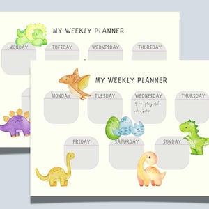 May include: Two printable weekly planner pages featuring a dinosaur theme. The pages are decorated with colorful dinosaurs and eggs. The top page has the text "MY WEEKLY PLANNER" and the days of the week: Monday, Tuesday, Wednesday, Thursday. The bottom page has the same text and days of the week, with the addition of Friday, Saturday, and Sunday. The Wednesday box on the bottom page has the text "14 pm play date with John".