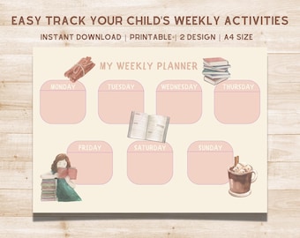 Kids Weekly Planner, Book Lover Weekly Planner, Kids Schedule, Pink Girl Weekly Planner, Kids Weekly Calender, Pink Printable Planner, Pinky