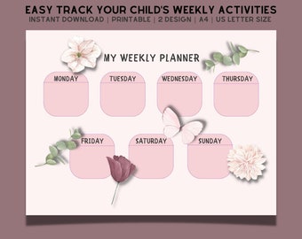 May include: A printable weekly planner with pink and white floral illustrations. The planner has spaces for each day of the week: Monday, Tuesday, Wednesday, Thursday, Friday, Saturday, and Sunday.