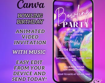 Digital Bowling Party Invitation, Bowling Birthday Party Video Invite, Editable Bowling Text Invite, Night out, Bowling Invitation Template