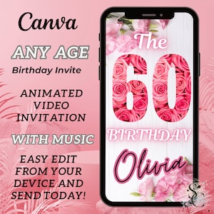 Animated 60th Birthday Video Invitation, Digitally 60th Birthday Party Invitation, With Music, Text Invitation, Electronic Editable Template
