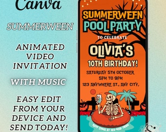 Summerween Pool Party Invitation Template, Summer Halloween Birthday Party, Editable Skeleton Halloween Birthday Canva Template