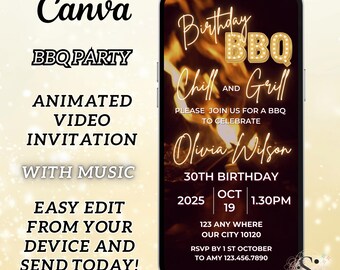 Digital Birthday BBQ Invitation, Neon Gold Chill and Grill Party eVite, Editable Rustic Barbecue Animated Canva Template, Instant Download