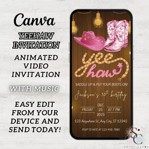 Western Cowgirl Birthday Invitation Editable Template, Rustic 30th Rodeo Invite, Saddle Up Boots Party Evite, Instant Download Canva