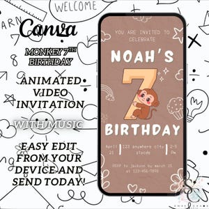 Cute Monkey 7th Birthday Cake Invitation, Monkey birthday party invite, Editable Canva Template, Fun and Unique Invite Design, Doodle evite