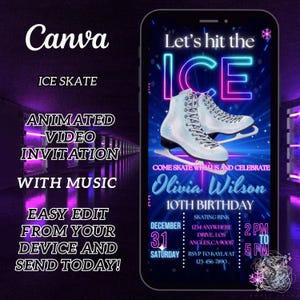 May include: A neon blue and pink invitation for an ice skating party. The invitation features a pair of white ice skates with a blue background and the text "Let's hit the ICE". The invitation is for Olivia Wilson's 10th birthday party on 31st December at 2 PM to 5 PM. The party will be held at a skating rink located at 1234 Anywhere Drive, Los Angeles, CA 90017. RSVP to Kayla at 123-456-7890.