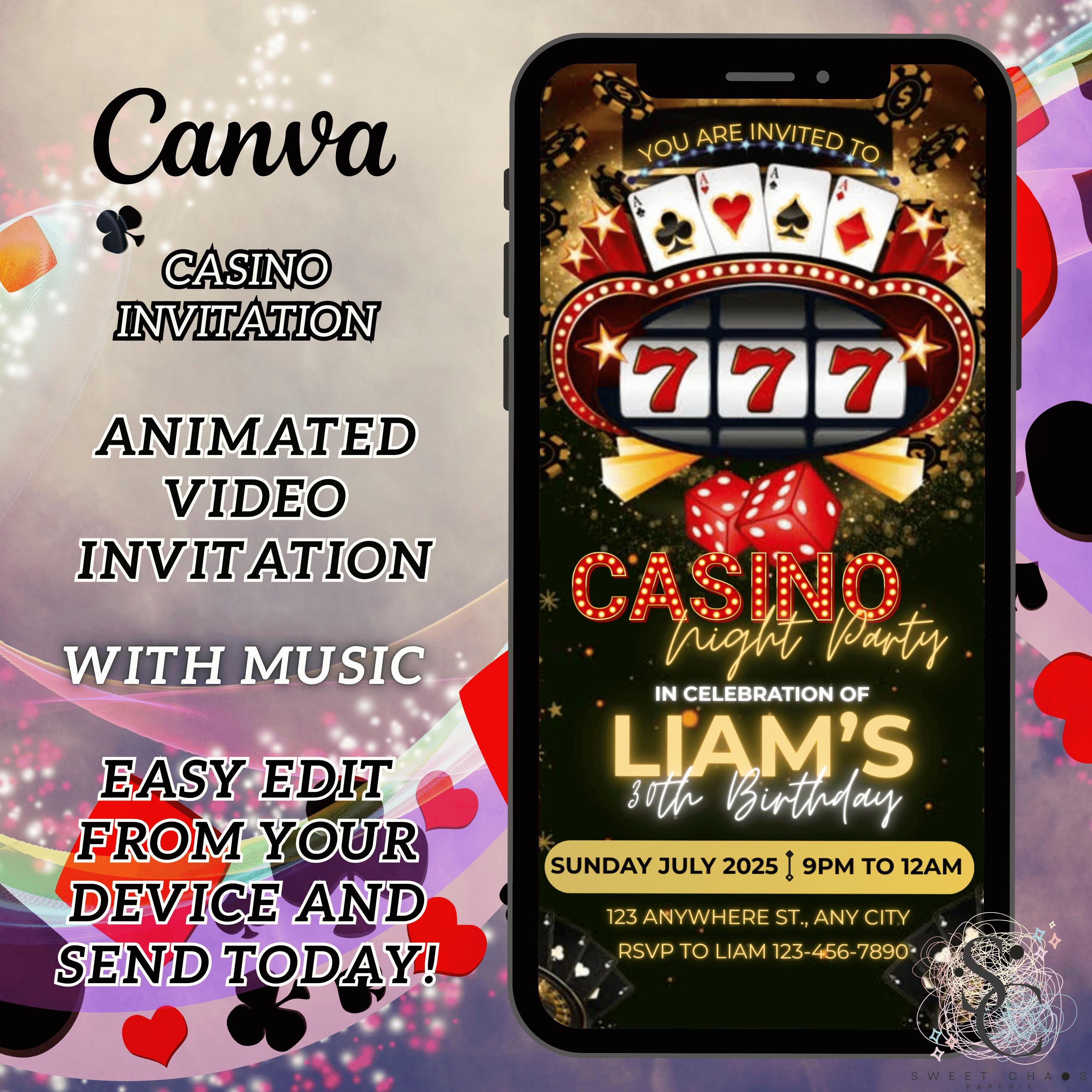 Casino Birthday Video Invitation Editable Casino Theme Birthday Invitation Casino Poker Engagement Birthday Party Invitation Canva Template