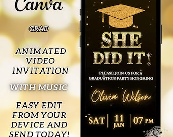 Graduation Animated Invitation | Gold Graduation Party Video Invite | Editable Canva Template